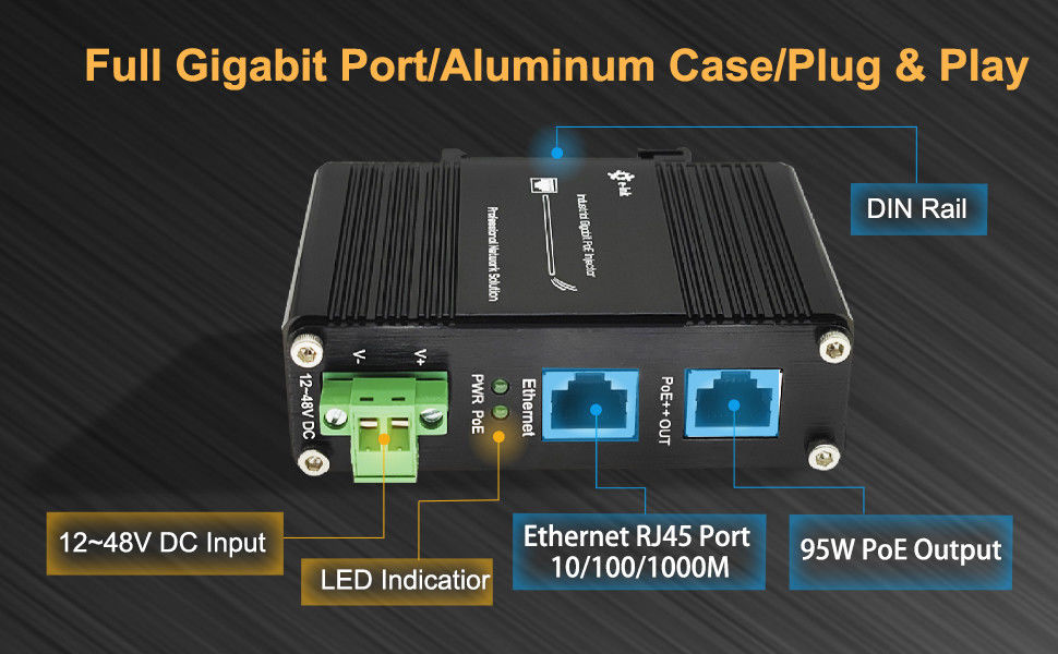 Gigabit PoE Injector Adapter 95W 802.3bt Industrial DINRail Mounting