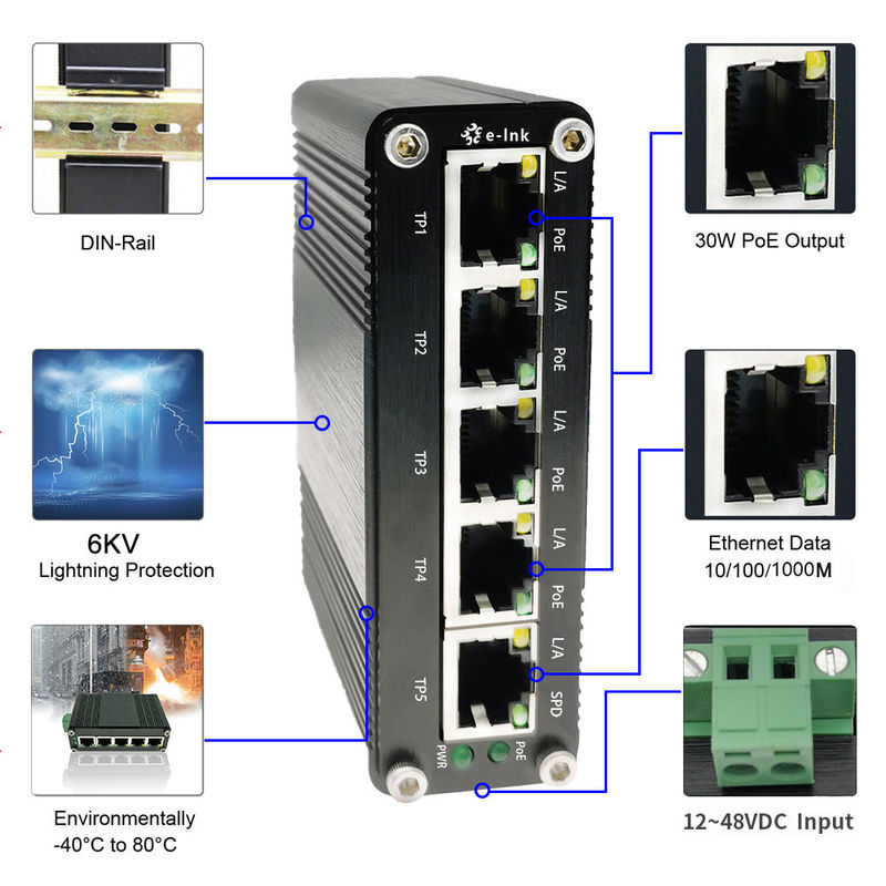 12v 802.3af Passive Industrial PoE Switch Unmanaged Gigabit Network