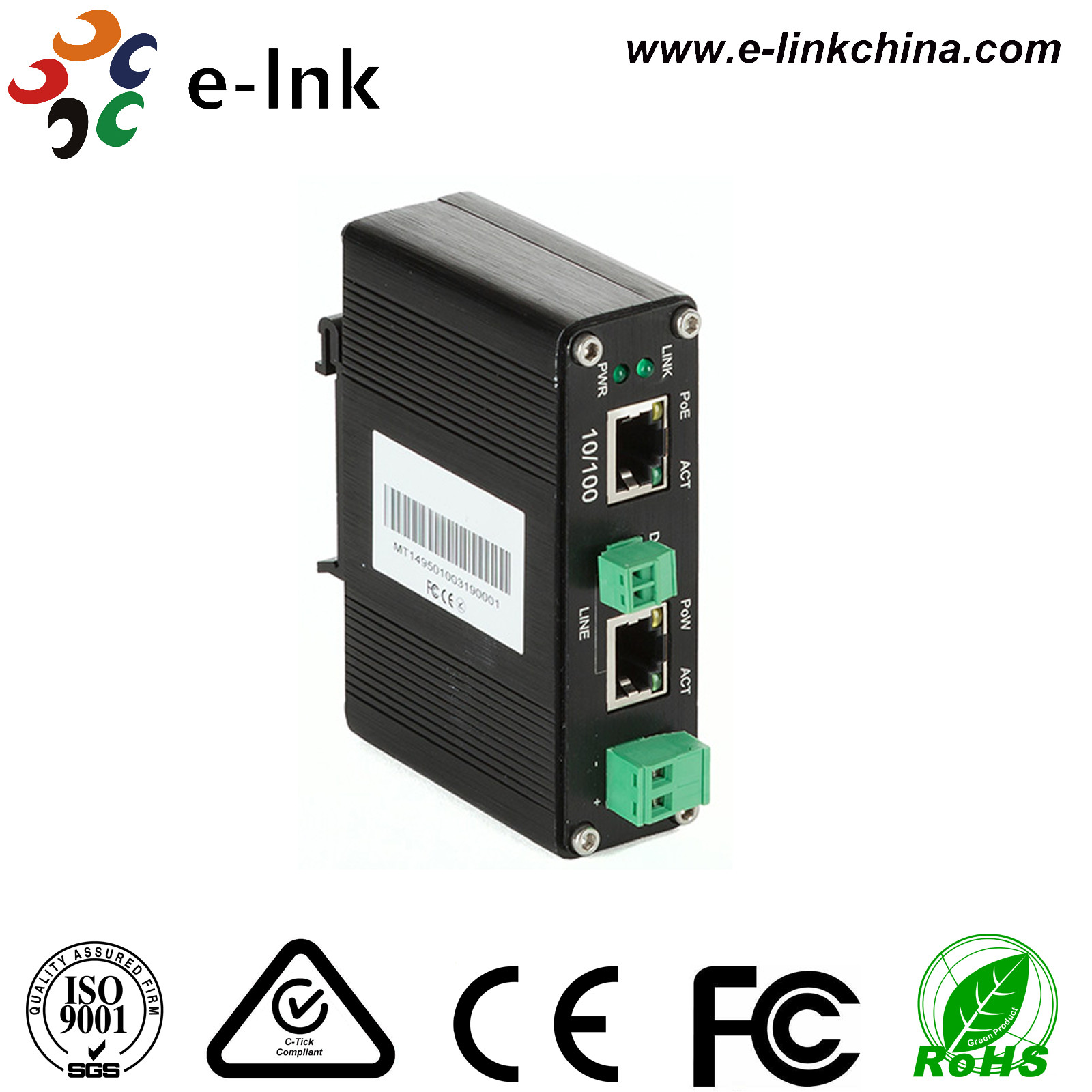 Pow Extender Industrial 10/100Base-TX Ethernet over UTP with PoE+ PoW Extender