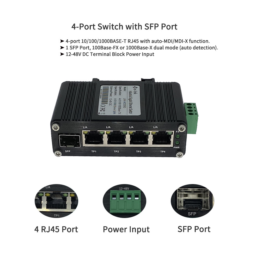 Micro Gigabit RJ45 Industrial Switch 4 Port 10/100M SFP