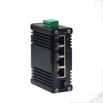 Mini Industrial 4-Port 10/100/1000T 802.3at PoE + 1-Port 100/1000X SFP Ethernet Switch with 12~48VDC Input and Voltage Booster